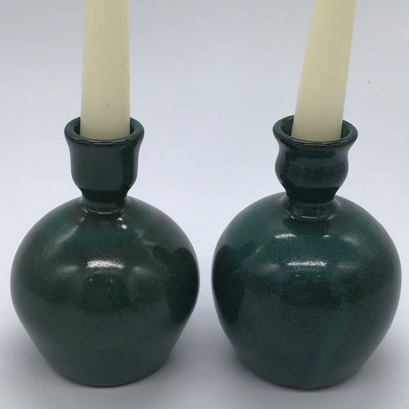 Pair of Studio Pottery Teal Green Glazed Candlestick Vase Holder - Picture 2 of 5